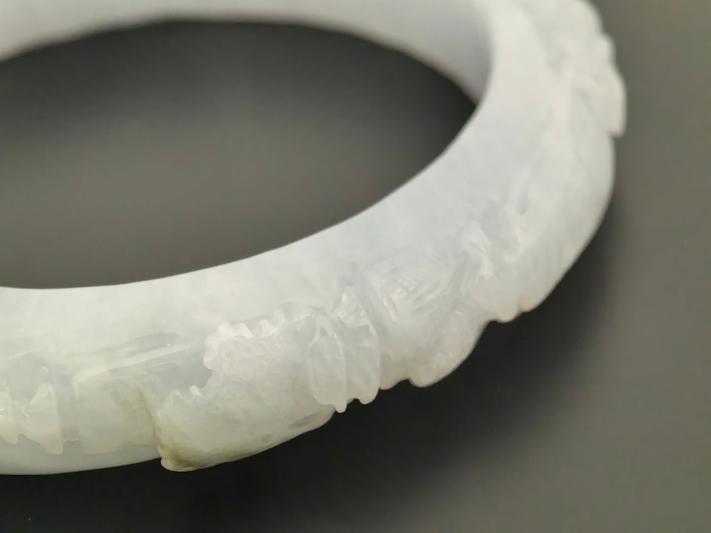 Natural Grade-A Jadeite Bangle – Carved Landscape Glutinous Burmese Jade 55.5mm