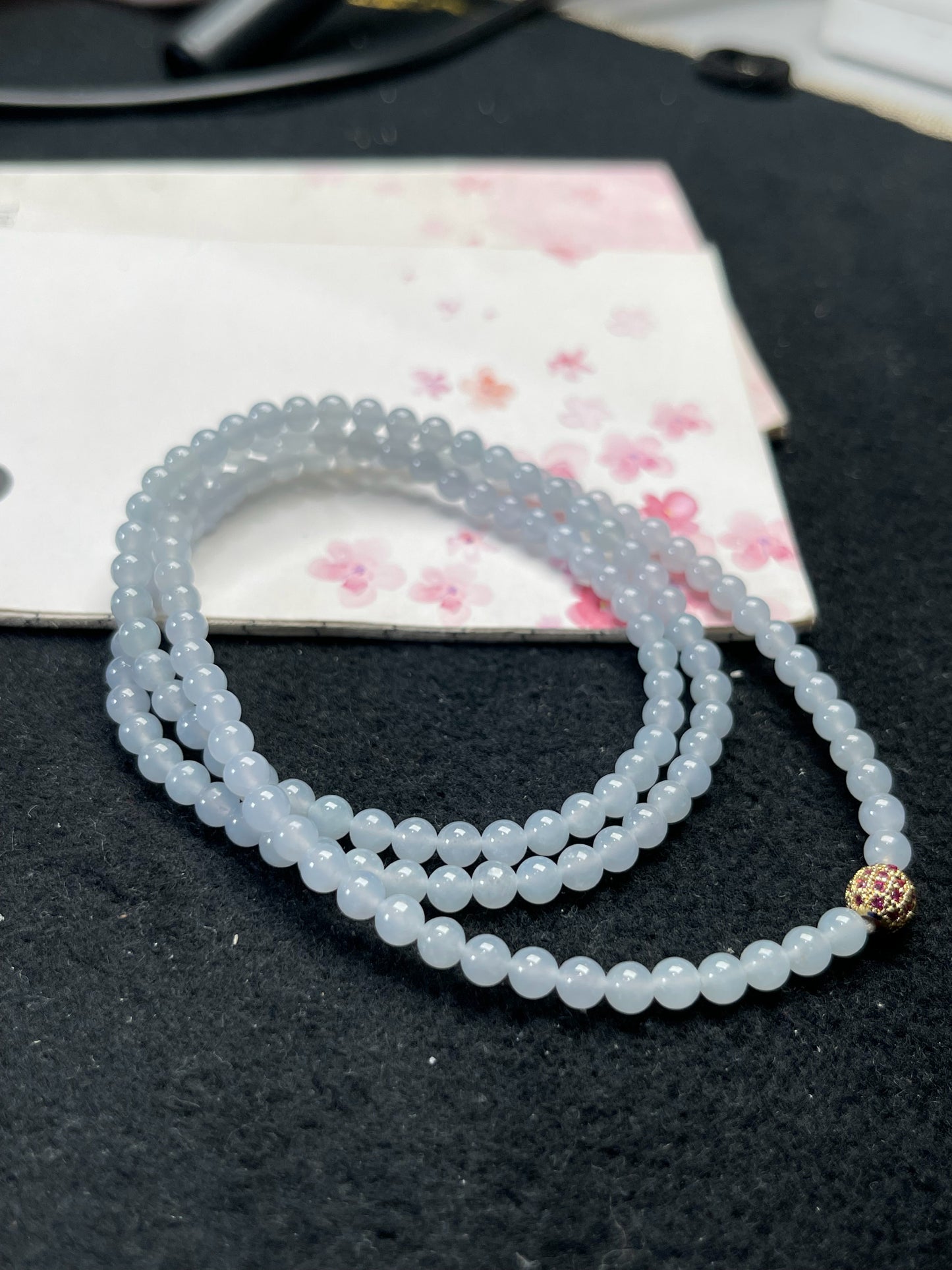 Natural Grade-A Jadeite Beaded Strand – Pale Lavender Blue Burmese Jade Mini Beads Bracelet or Necklace