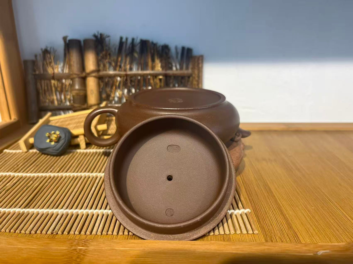 Yixing Zisha Teapot 220ml – Handmade Flat Round Purple Clay Teapot