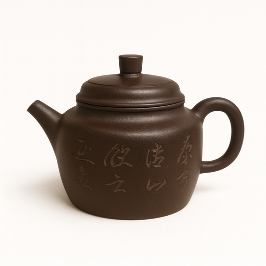 Yixing Zisha Teapot 200ml – Handmade Straight Wall Purple Clay Teapot with Calligraphy