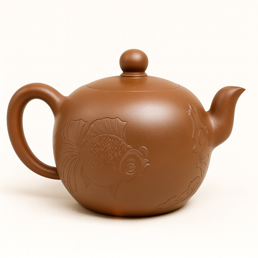 Yixing Zisha “Yi Li Zhu” Teapot 200ml – Handmade Purple Clay Teapot with Goldfish & Auspicious Calligraphy