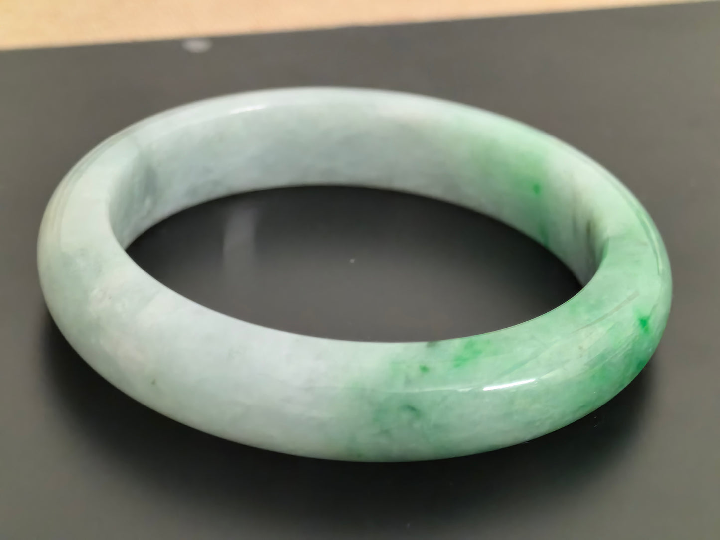 Natural Grade-A Jadeite Bangle – Partial Vivid Green Glutinous Burmese Jade D-Shape 58mm