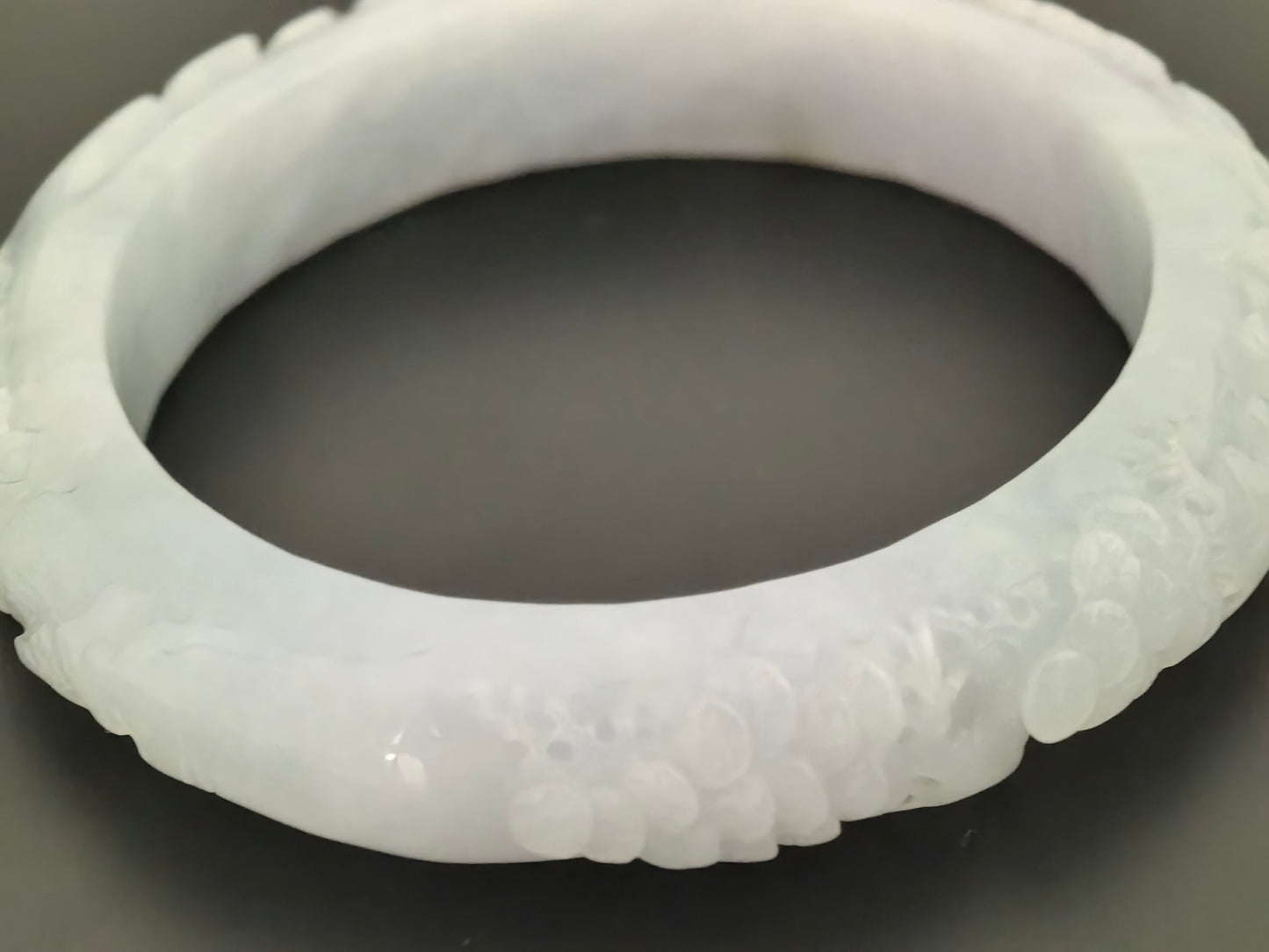 Natural Grade-A Jadeite Bangle – Carved Landscape Glutinous Burmese Jade 55.5mm