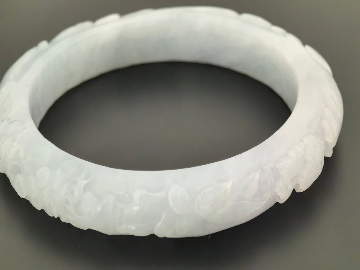 Natural Grade-A Jadeite Bangle – Carved Landscape Glutinous Burmese Jade 55.5mm