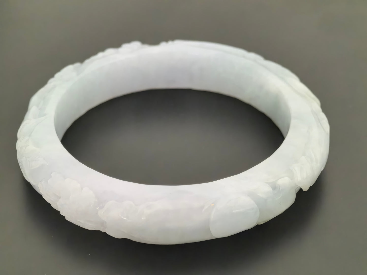 Natural Grade-A Jadeite Bangle – Carved Landscape Glutinous Burmese Jade 55.5mm