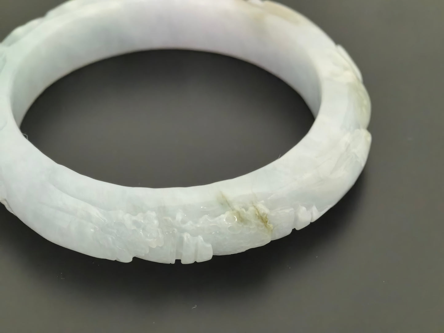 Natural Grade-A Jadeite Bangle – Carved Landscape Glutinous Burmese Jade 55.5mm