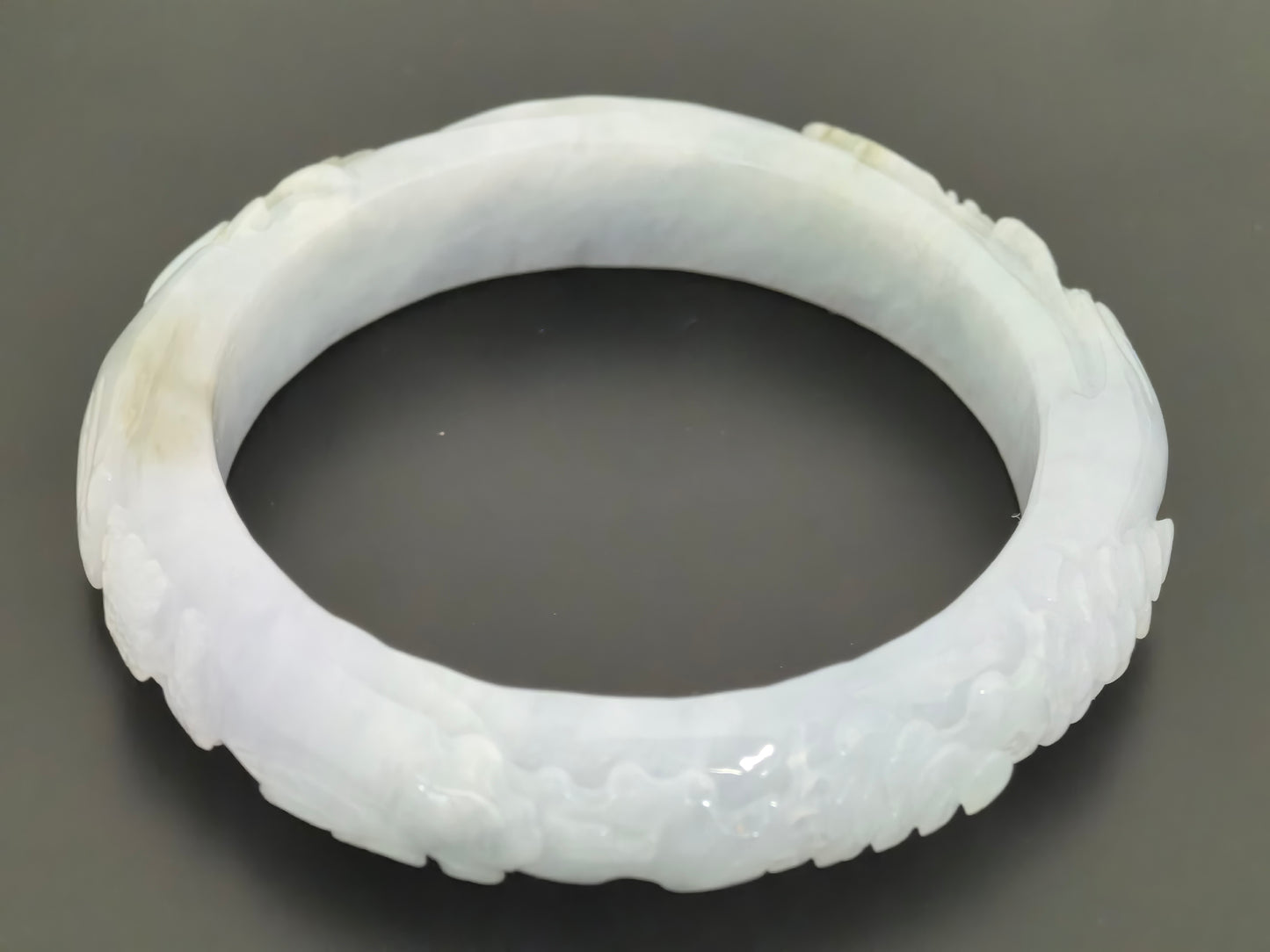 Natural Grade-A Jadeite Bangle – Carved Landscape Glutinous Burmese Jade 55.5mm