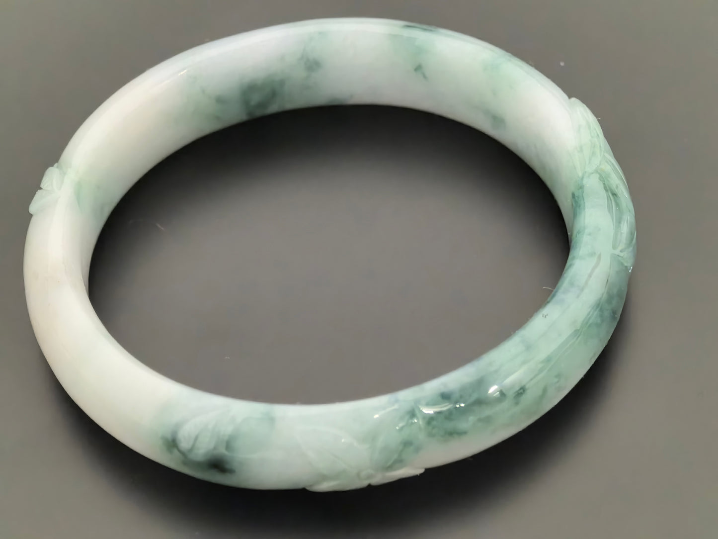 Natural Grade-A Jadeite Oval Bangle – Carved Dark Green Floral Glutinous Burmese Jade 50mm
