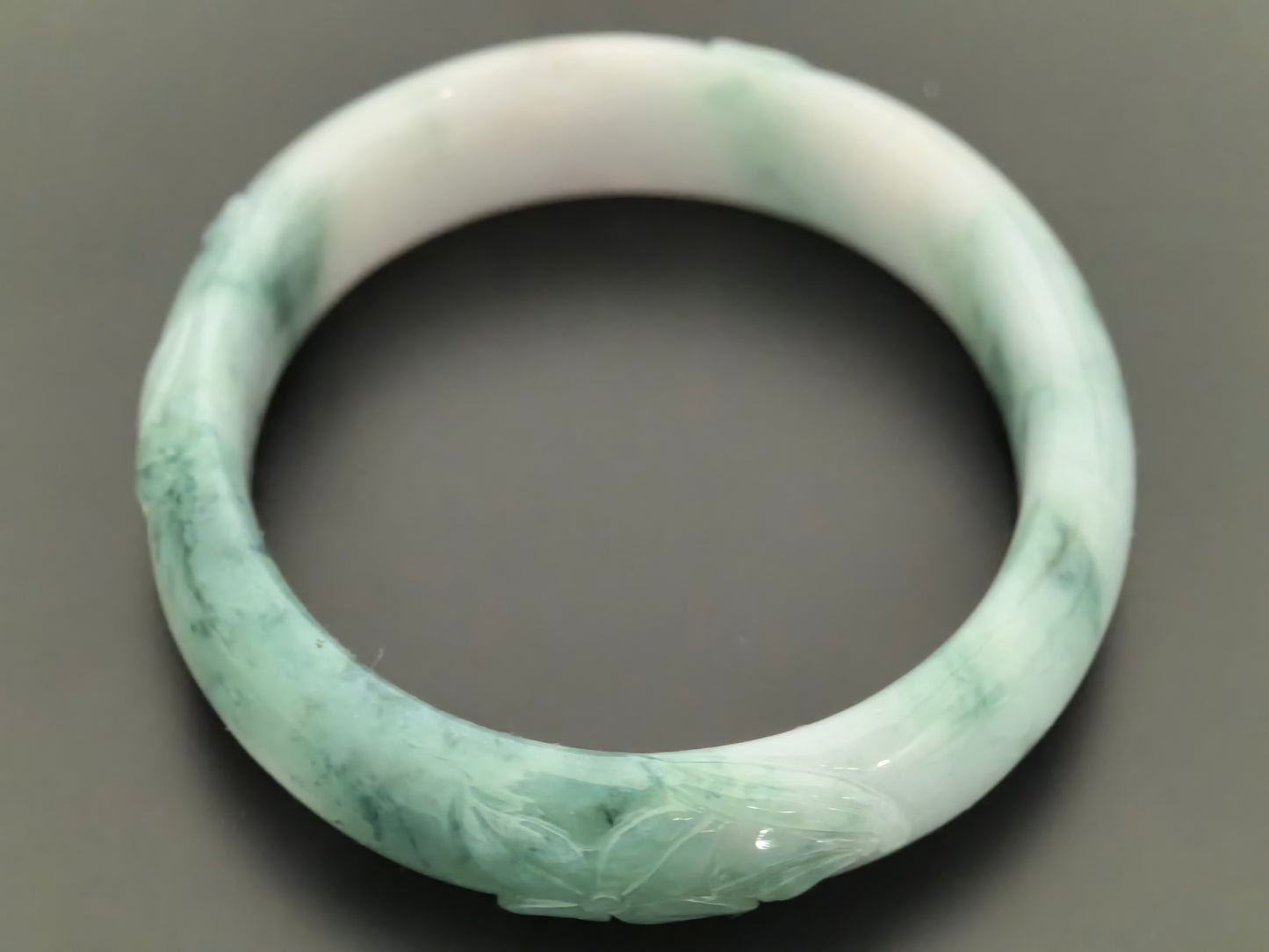 Natural Grade-A Jadeite Oval Bangle – Carved Dark Green Floral Glutinous Burmese Jade 50mm