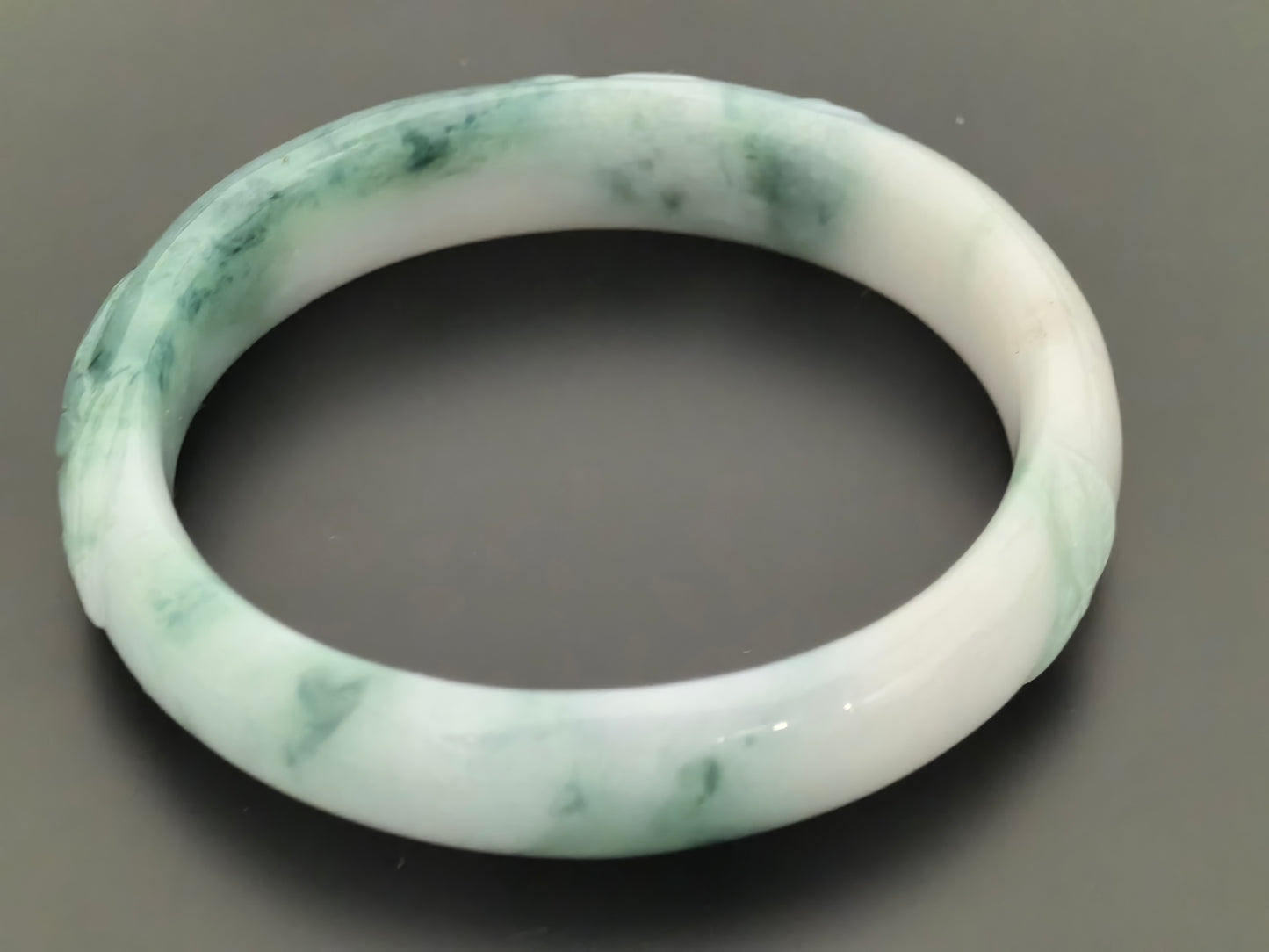 Natural Grade-A Jadeite Oval Bangle – Carved Dark Green Floral Glutinous Burmese Jade 50mm