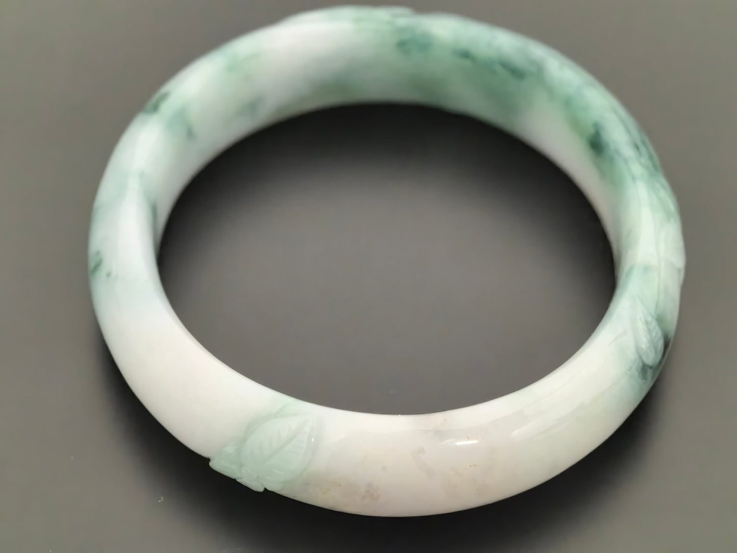 Natural Grade-A Jadeite Oval Bangle – Carved Dark Green Floral Glutinous Burmese Jade 50mm