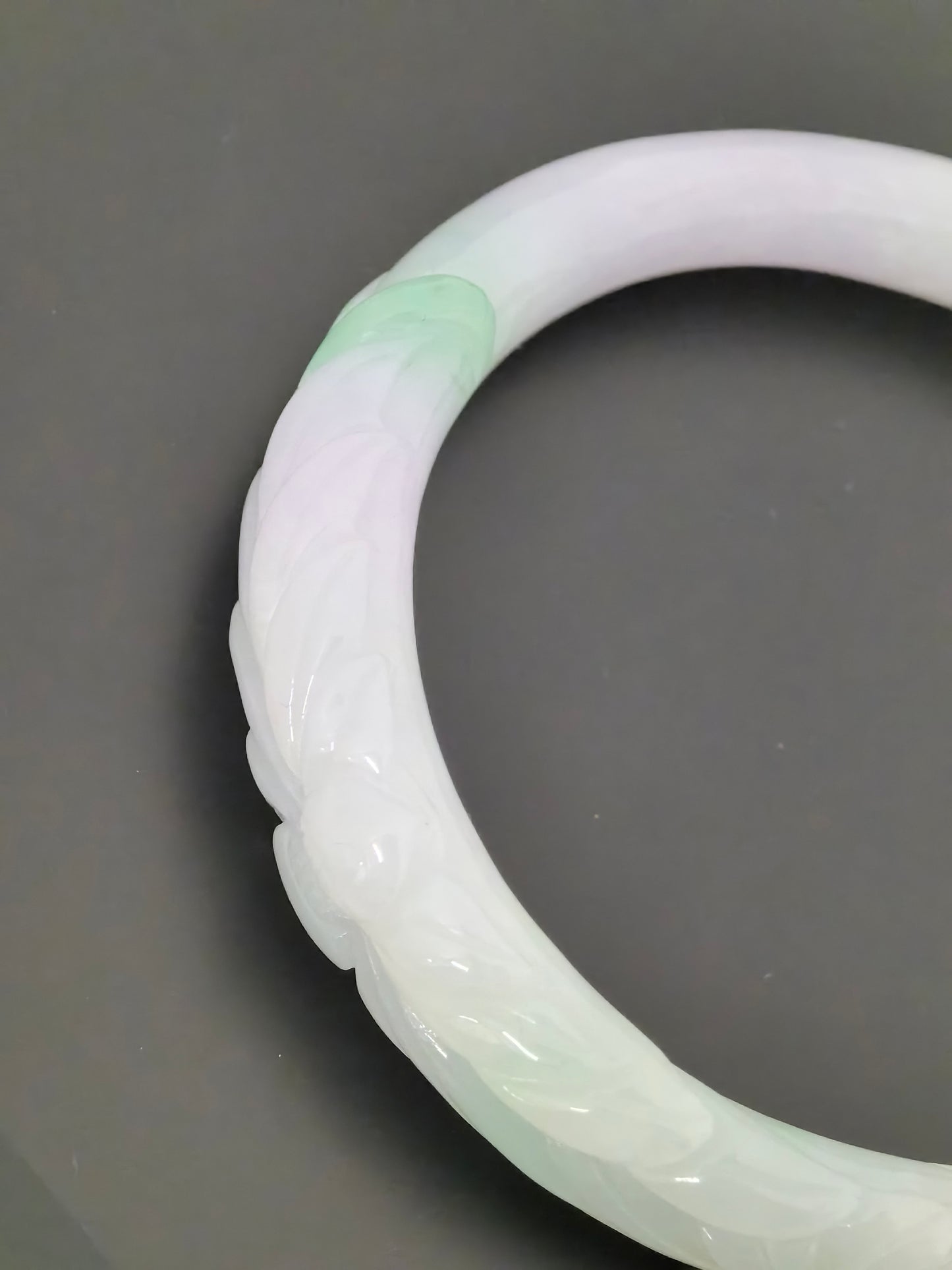 Natural Grade-A Jadeite Oval Bangle – White and Light Lavender Base with Hint of Green, Carved Burmese Jade 53mm