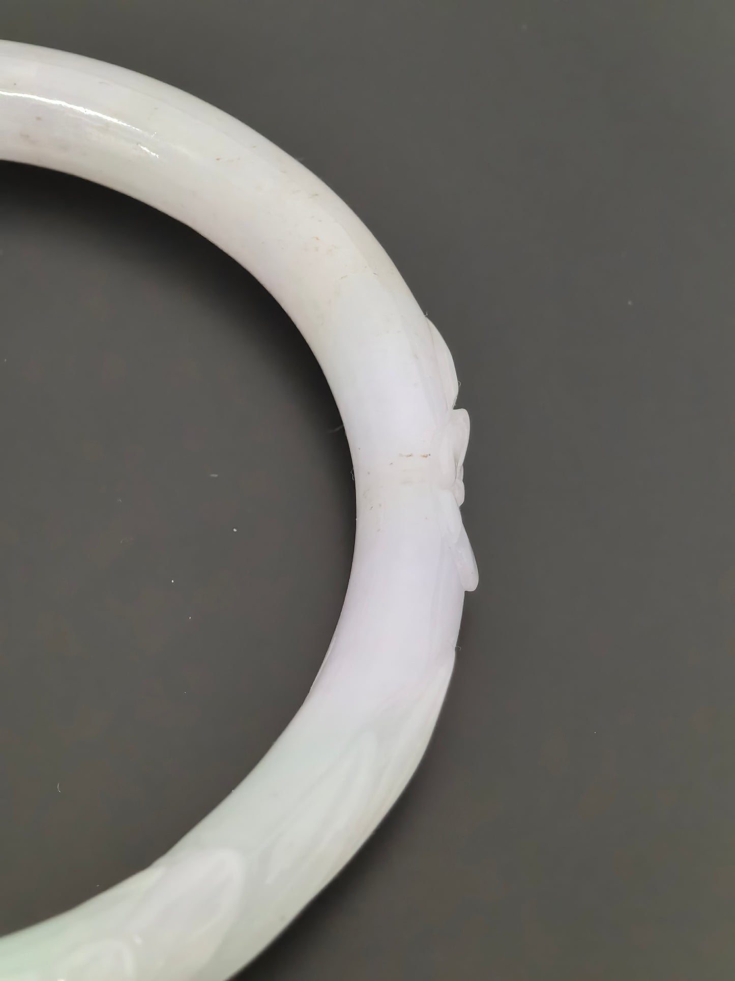 Natural Grade-A Jadeite Oval Bangle – White and Light Lavender Base with Hint of Green, Carved Burmese Jade 53mm