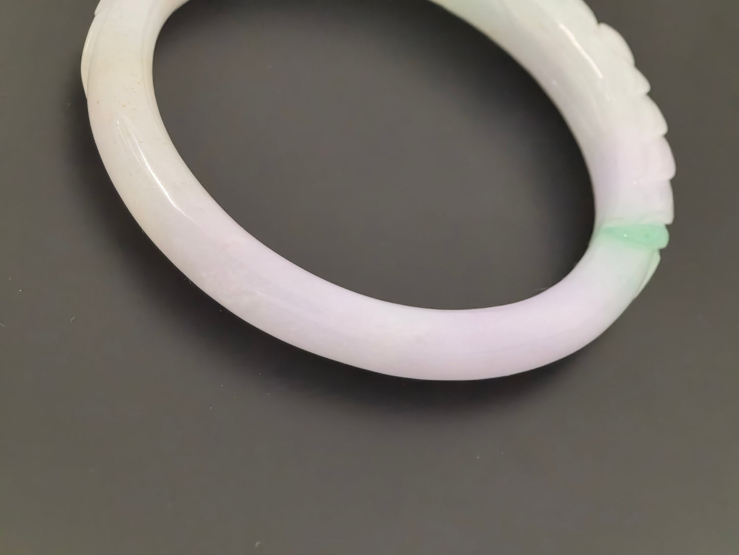 Natural Grade-A Jadeite Oval Bangle – White and Light Lavender Base with Hint of Green, Carved Burmese Jade 53mm
