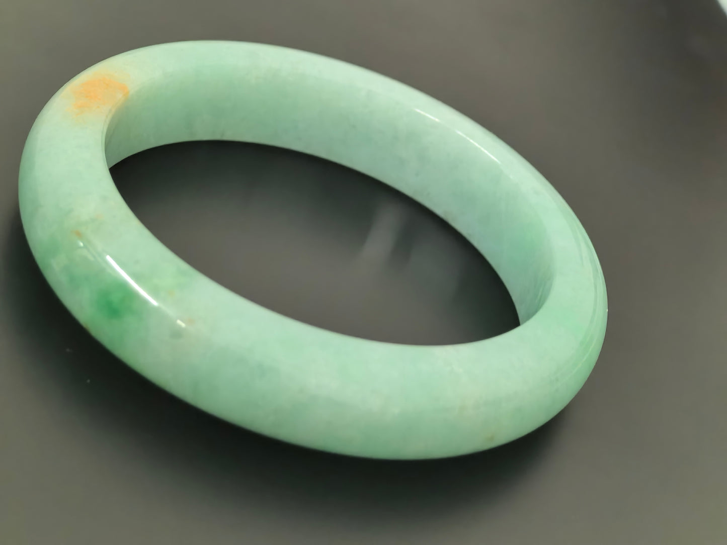 Natural Grade-A Jadeite D-Shape Bangle – Apple Green “Gold Splash” Burmese Jade 55mm
