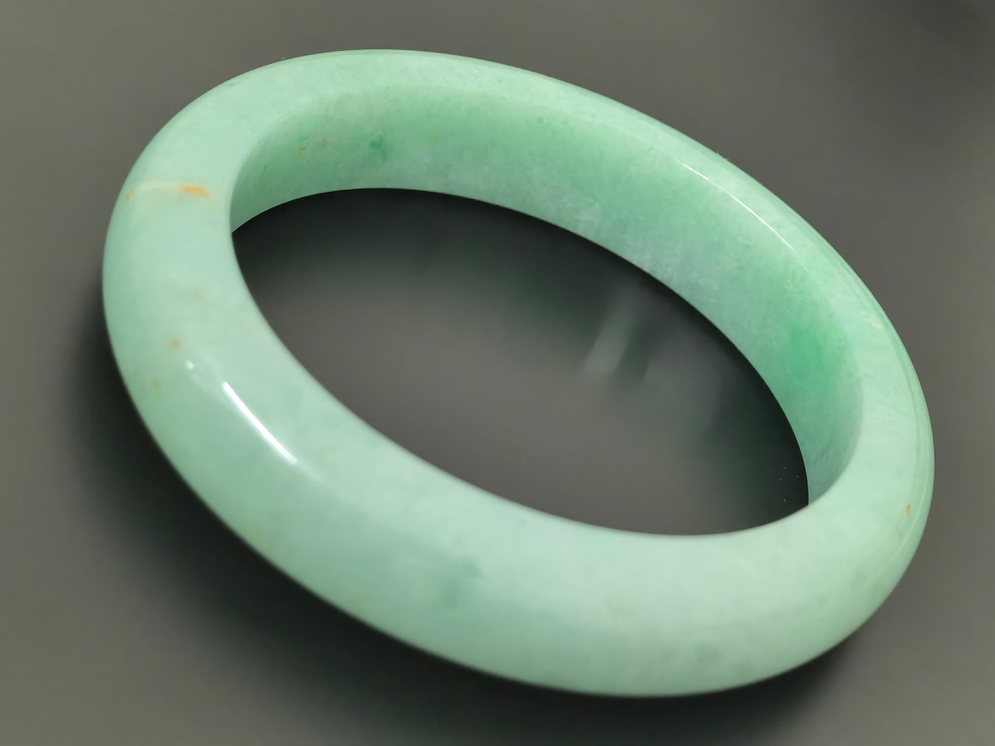 Natural Grade-A Jadeite D-Shape Bangle – Apple Green “Gold Splash” Burmese Jade 55mm