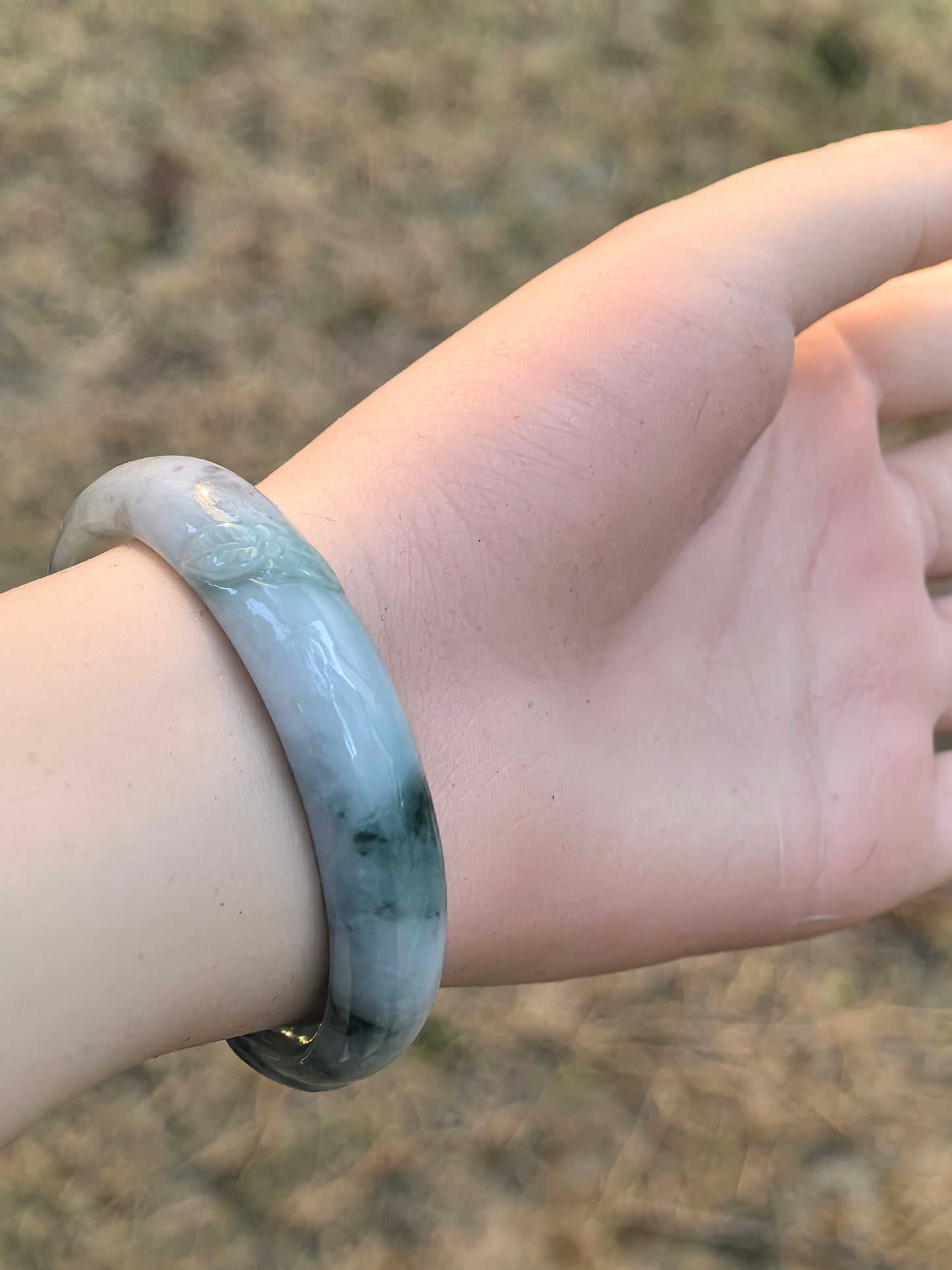 Natural Grade-A Jadeite Oval Bangle – Carved Dark Green Floral Glutinous Burmese Jade 50mm