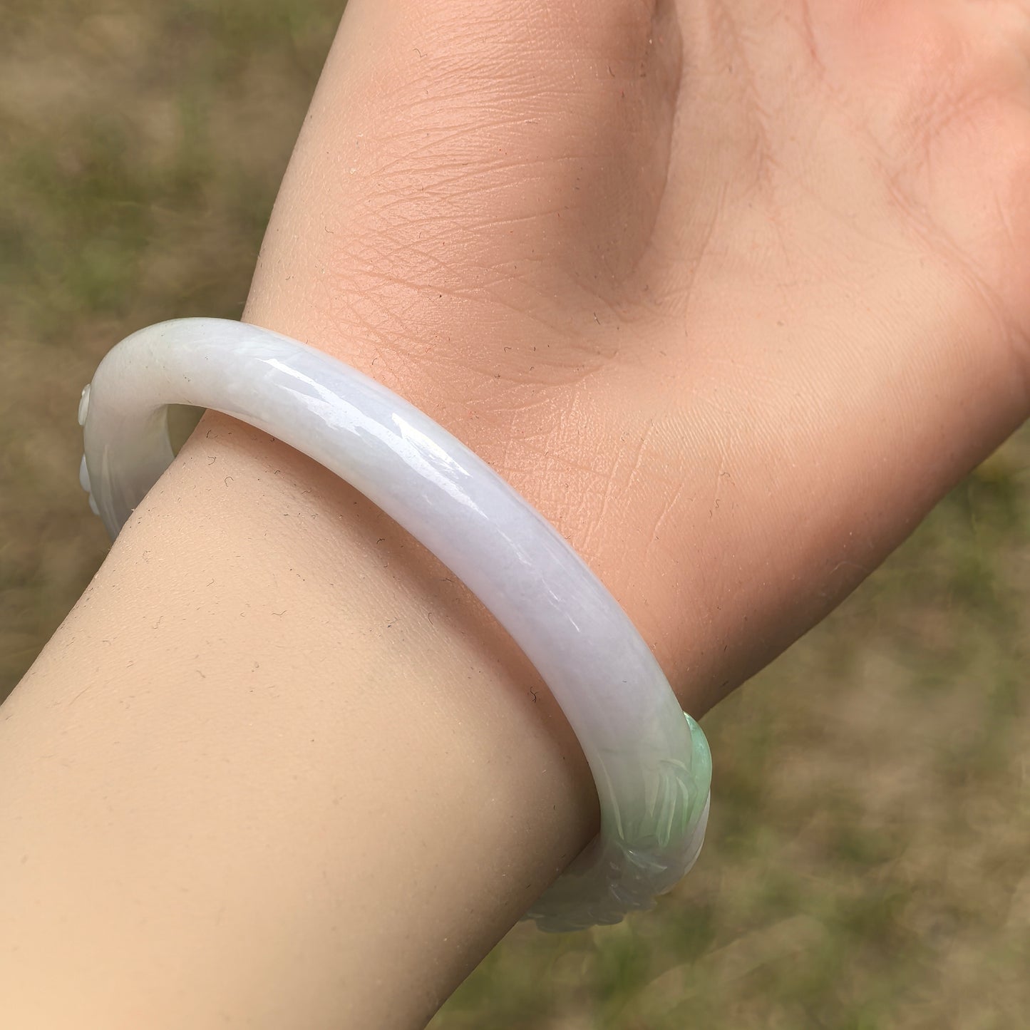 Natural Grade-A Jadeite Oval Bangle – White and Light Lavender Base with Hint of Green, Carved Burmese Jade 53mm
