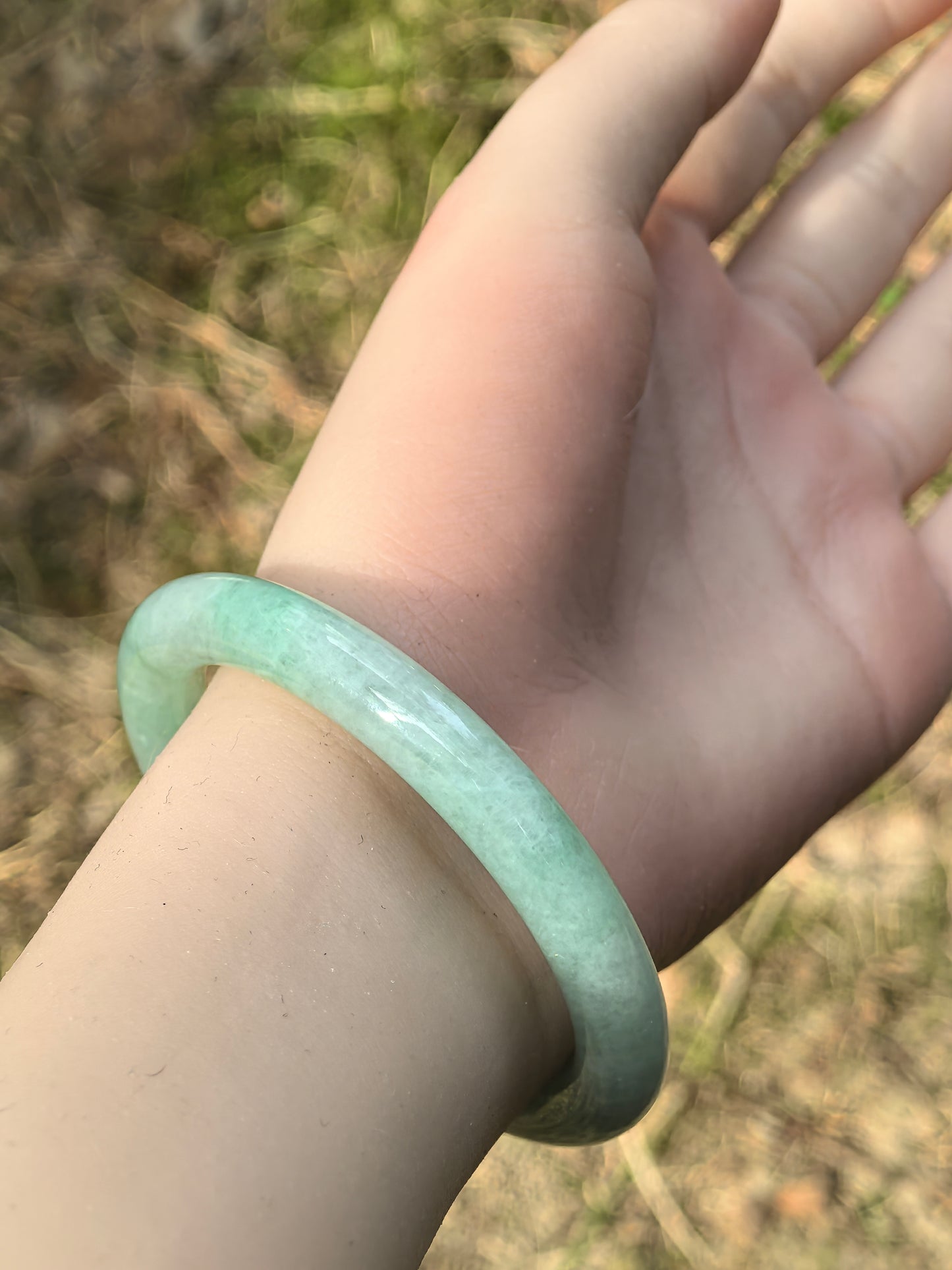 Natural Grade-A Jadeite Bangle – Light Apple Green Icy Glutinous Burmese Jade 53mm