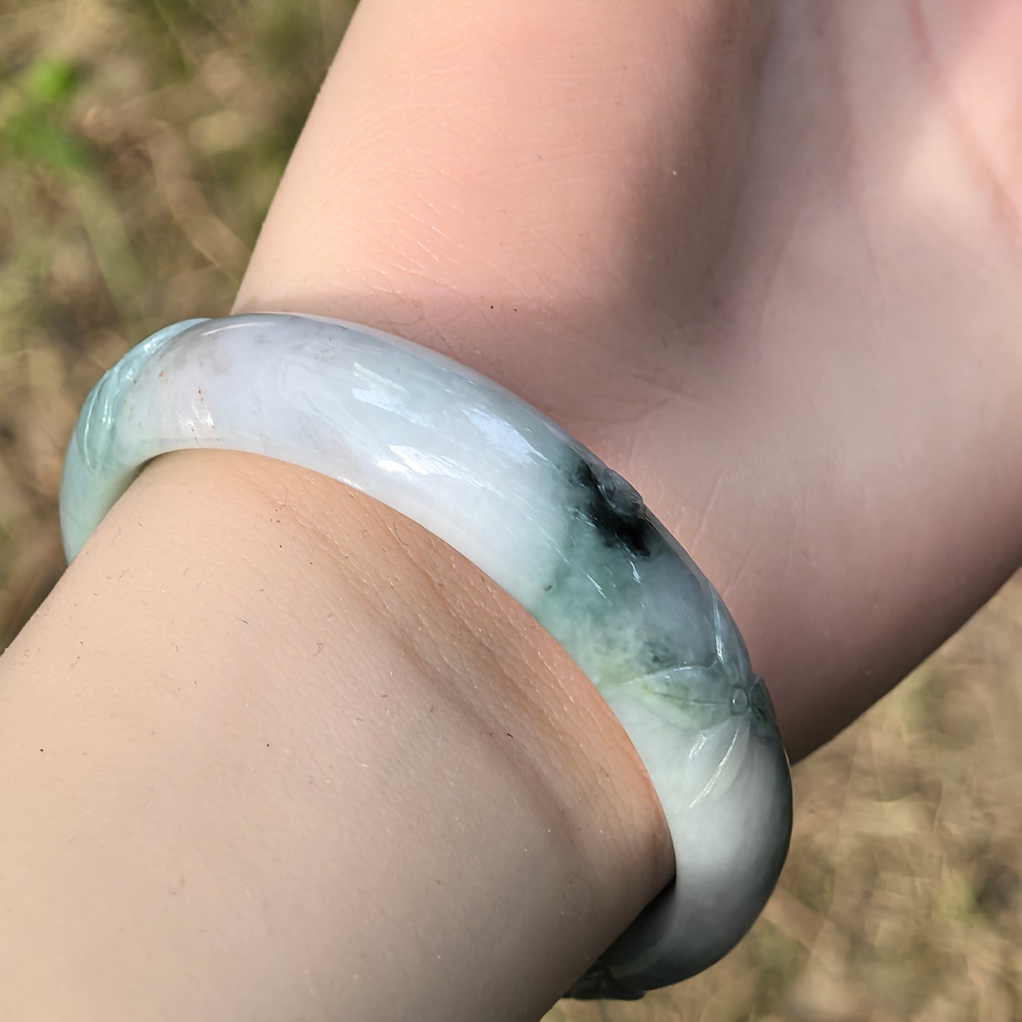 Natural Grade-A Jadeite Oval Bangle – Carved Dark Green Floral Glutinous Burmese Jade 50mm