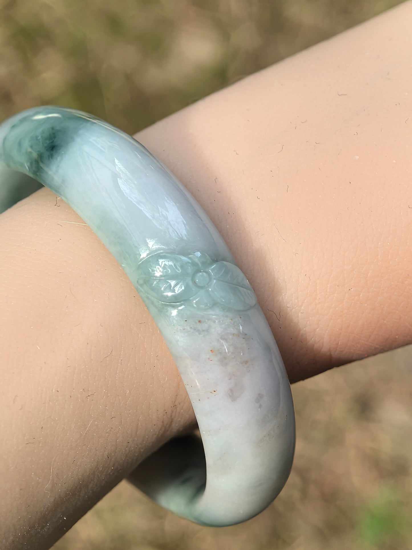 Natural Grade-A Jadeite Oval Bangle – Carved Dark Green Floral Glutinous Burmese Jade 50mm