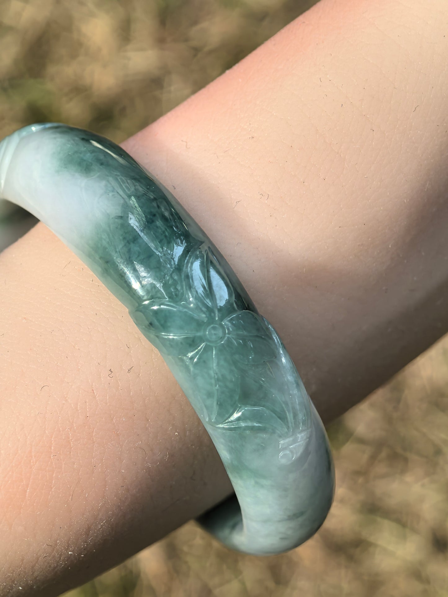 Natural Grade-A Jadeite Oval Bangle – Carved Dark Green Floral Glutinous Burmese Jade 50mm
