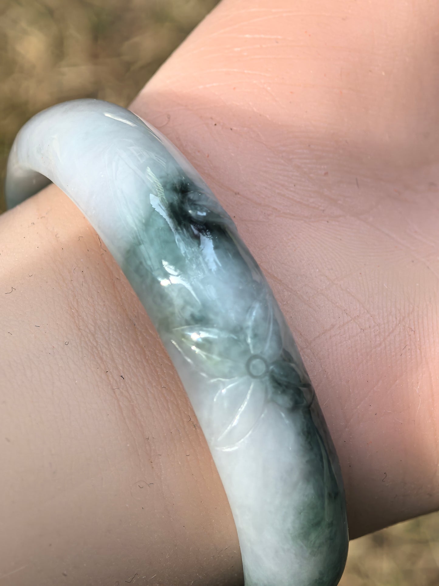 Natural Grade-A Jadeite Oval Bangle – Carved Dark Green Floral Glutinous Burmese Jade 50mm