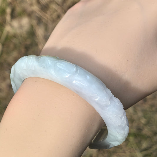 Natural Grade-A Jadeite Bangle – Carved Landscape Glutinous Burmese Jade 55.5mm