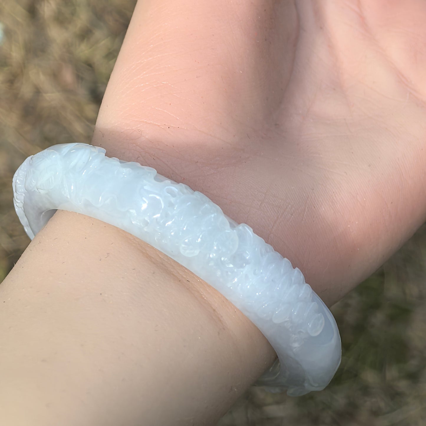 Natural Grade-A Jadeite Bangle – Carved Landscape Glutinous Burmese Jade 55.5mm