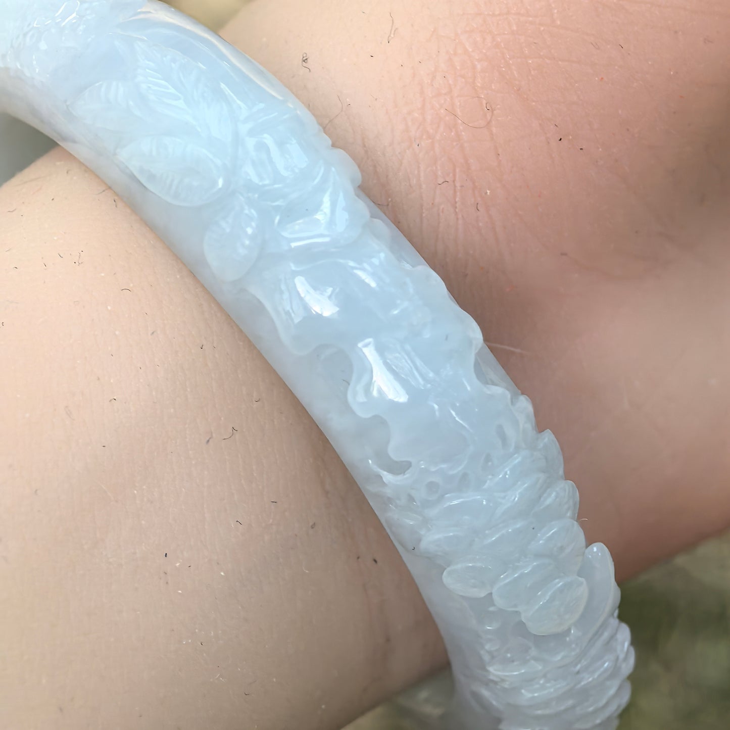 Natural Grade-A Jadeite Bangle – Carved Landscape Glutinous Burmese Jade 55.5mm