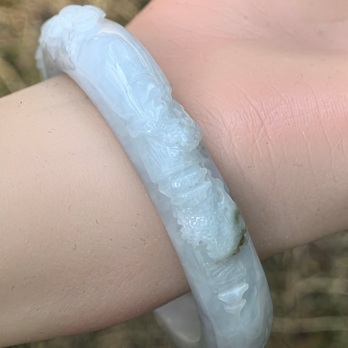 Natural Grade-A Jadeite Bangle – Carved Landscape Glutinous Burmese Jade 55.5mm