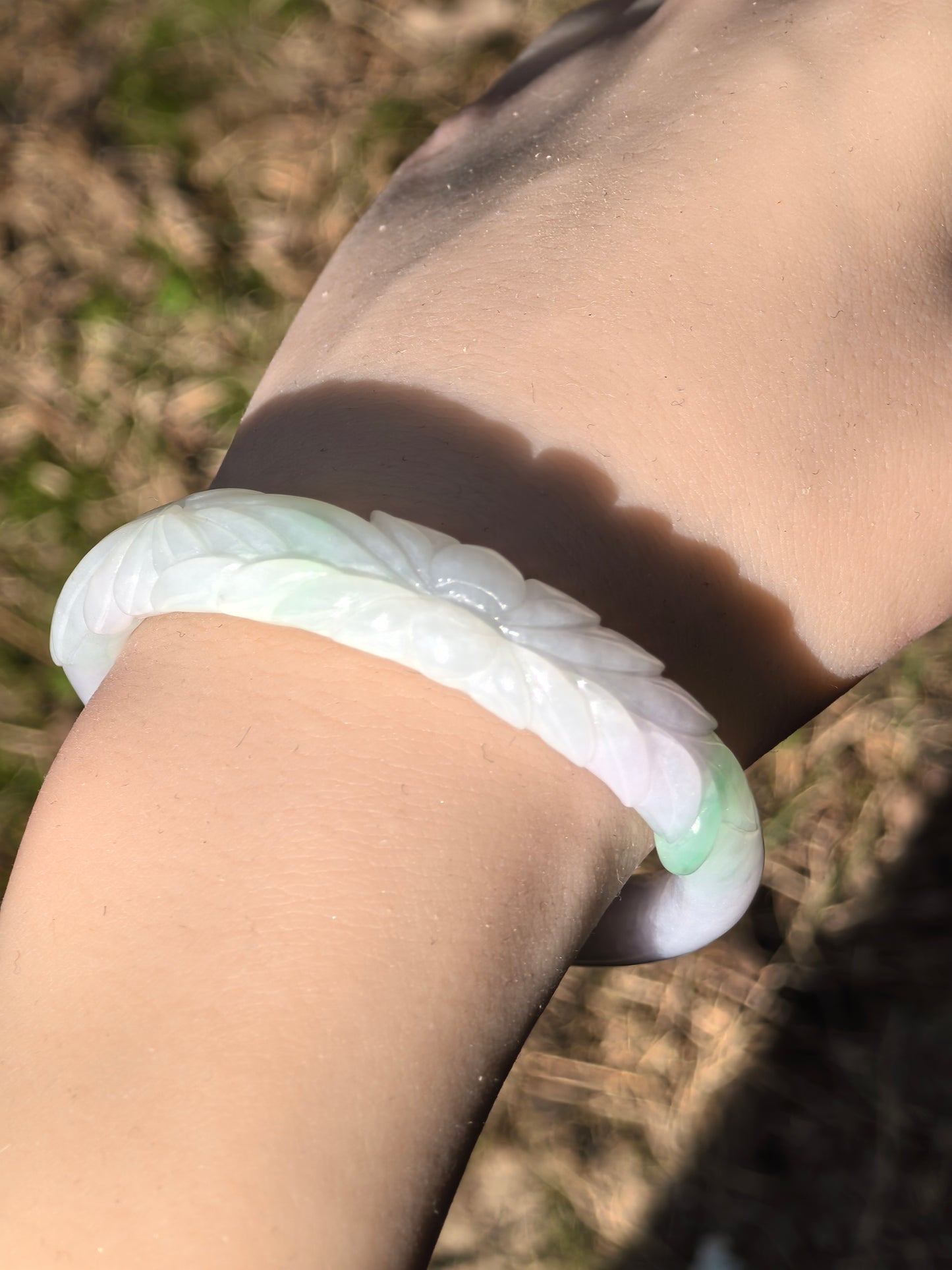 Natural Grade-A Jadeite Oval Bangle – White and Light Lavender Base with Hint of Green, Carved Burmese Jade 53mm