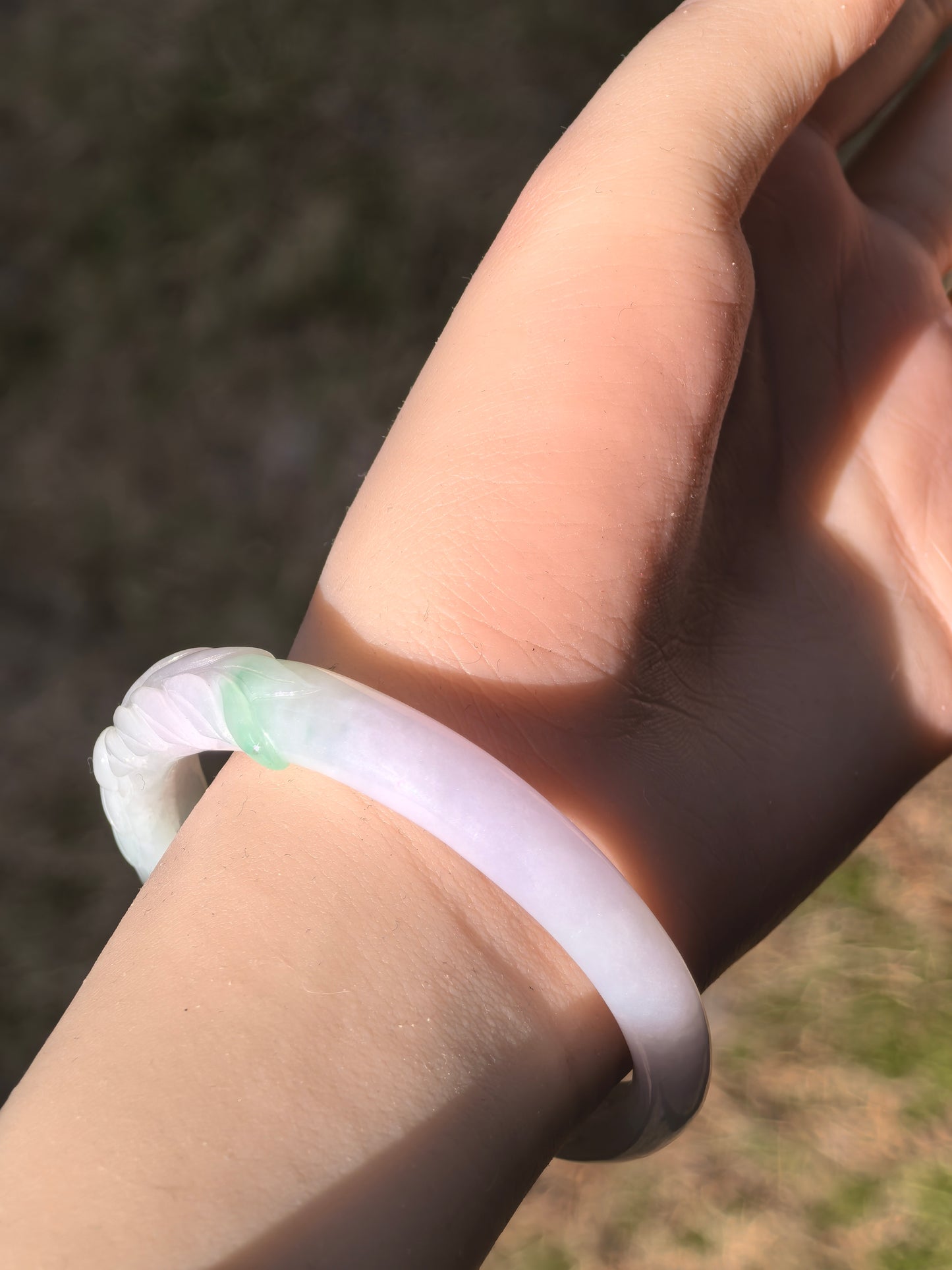 Natural Grade-A Jadeite Oval Bangle – White and Light Lavender Base with Hint of Green, Carved Burmese Jade 53mm
