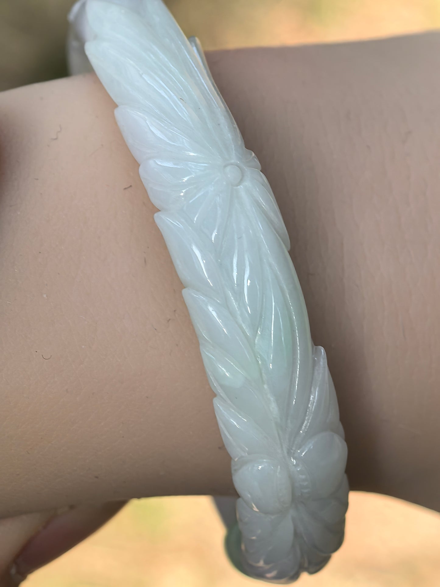 Natural Grade-A Jadeite Oval Bangle – White and Light Lavender Base with Hint of Green, Carved Burmese Jade 53mm