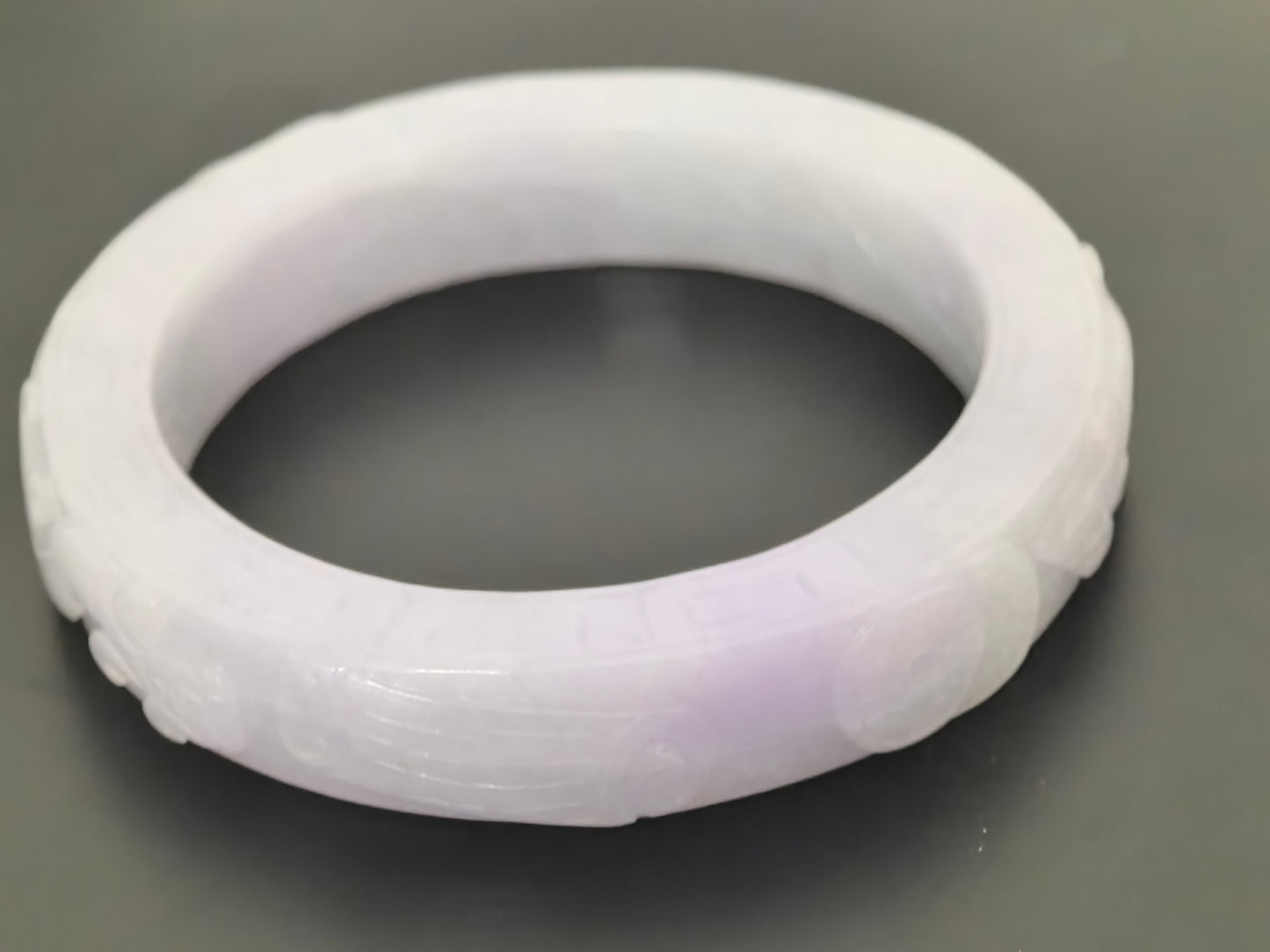 Natural Grade-A Jadeite Bangle – Large Carved Pale Glutinous Burmese Jade 60mm