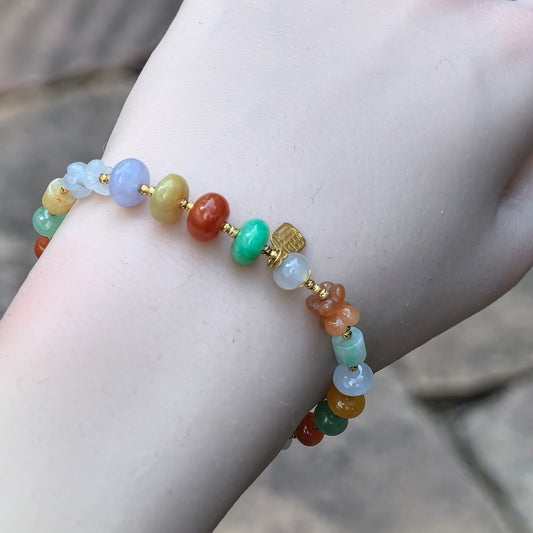 Natural Grade-A Jadeite Bracelet – 18K Gold Multicolor Burmese Jade Beads 6-8mm