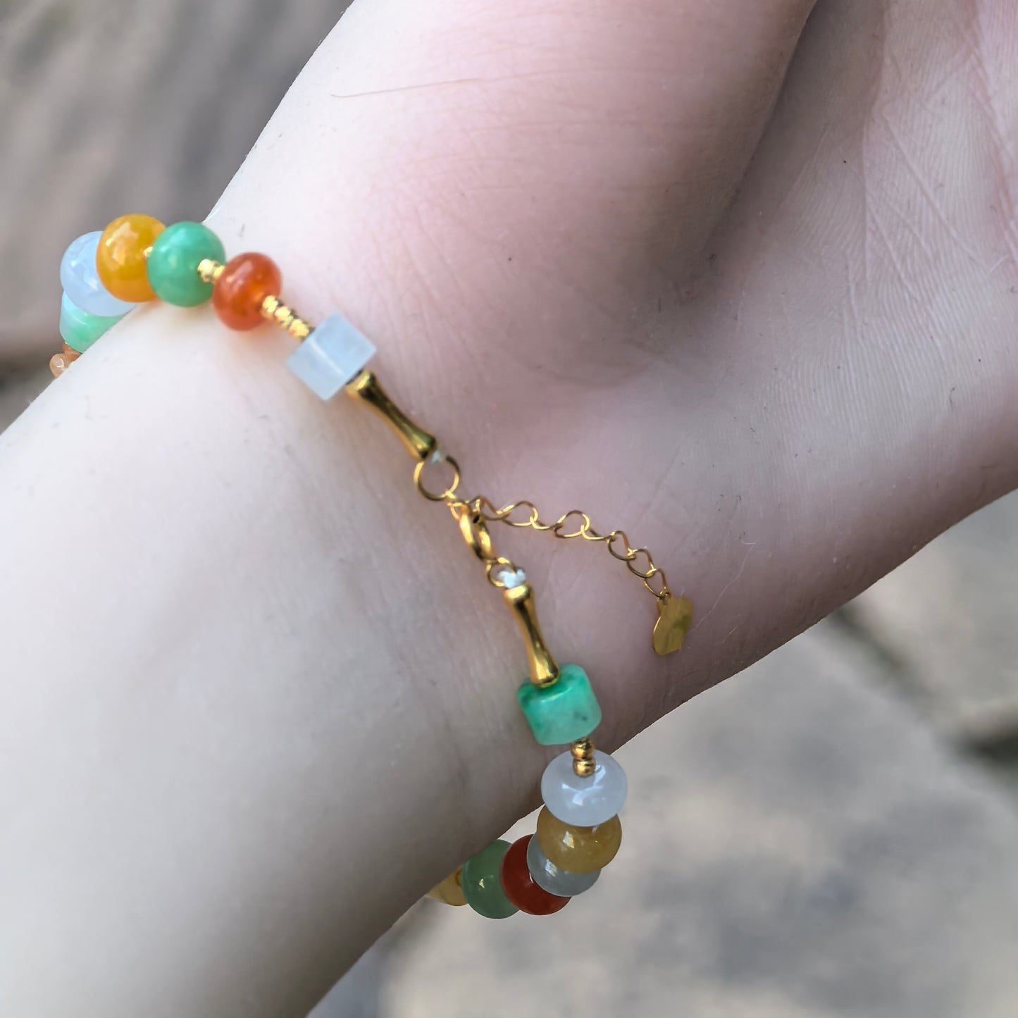 Natural Grade-A Jadeite Bracelet – 18K Gold Multicolor Burmese Jade Beads 6-8mm