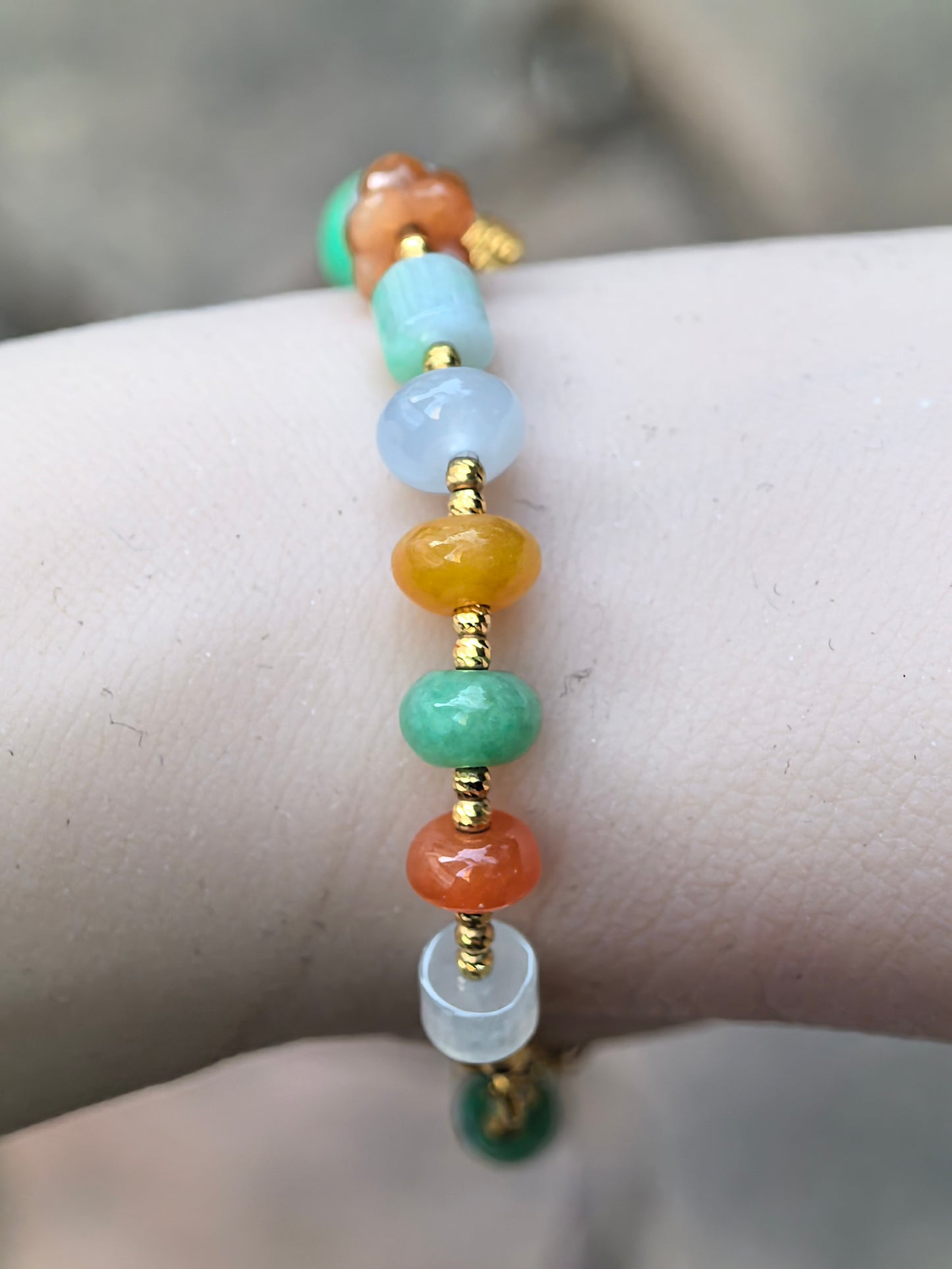 Natural Grade-A Jadeite Bracelet – 18K Gold Multicolor Burmese Jade Beads 6-8mm