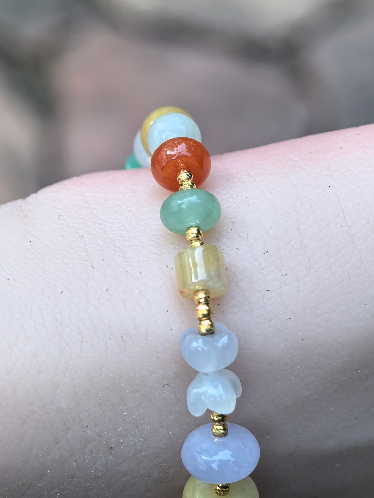 Natural Grade-A Jadeite Bracelet – 18K Gold Multicolor Burmese Jade Beads 6-8mm