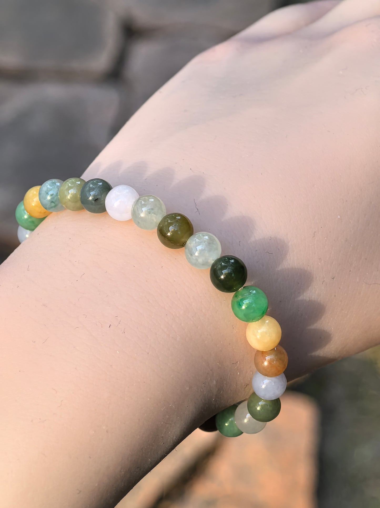 Natural Grade-A Jadeite Bracelet – Multicolor Glutinous Burmese Jade Beads 6.5mm