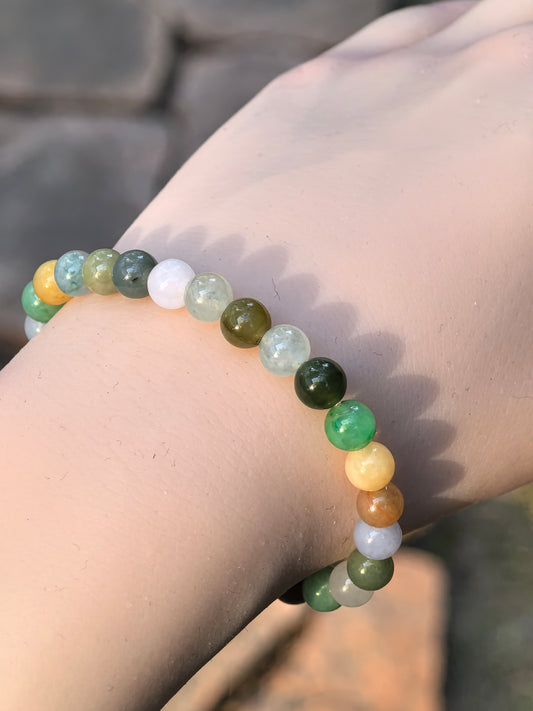 Natural Grade-A Jadeite Bracelet – Multicolor Glutinous Burmese Jade Beads 6.5mm