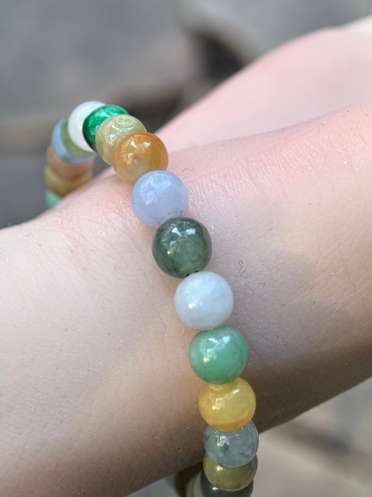 Natural Grade-A Jadeite Bracelet – Multicolor Glutinous Burmese Jade Beads 6.5mm