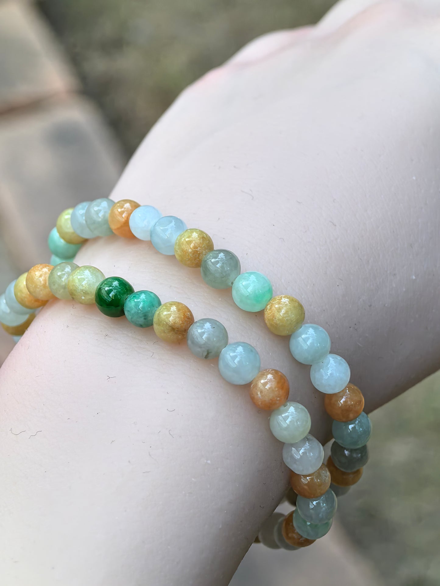 Natural Grade-A Jadeite Bracelet – Multicolor Glutinous Burmese Jade Beads Double Wrap 6mm