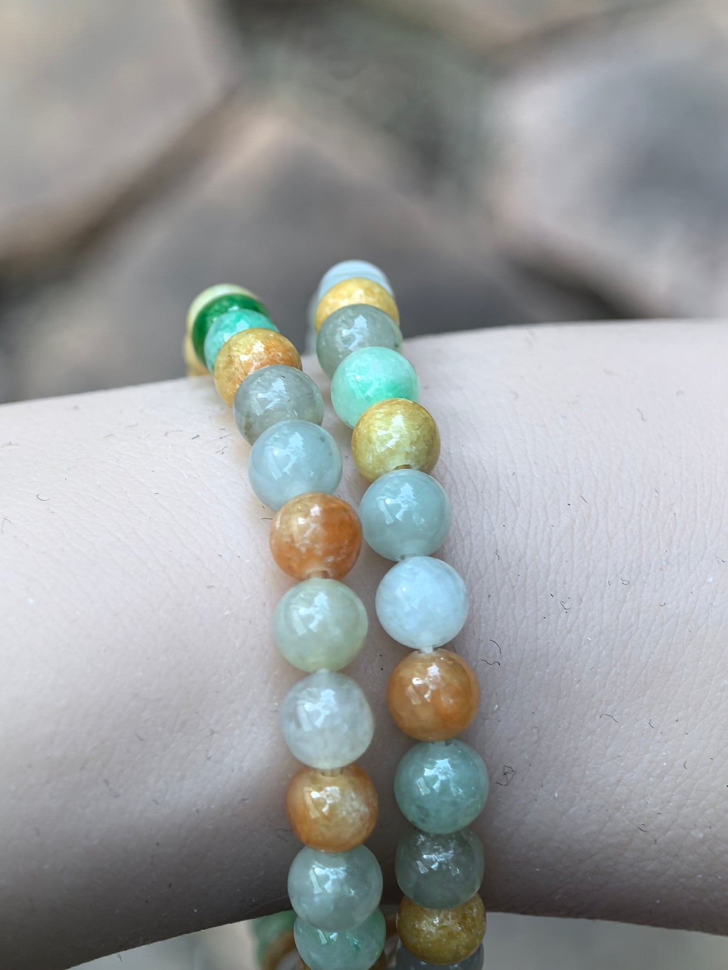 Natural Grade-A Jadeite Bracelet – Multicolor Glutinous Burmese Jade Beads Double Wrap 6mm