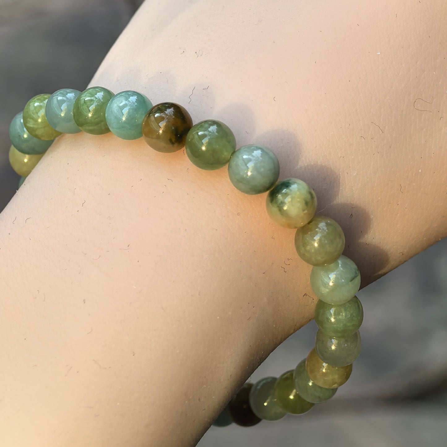 Natural Grade-A Jadeite Bracelet – Multicolor Glutinous Burmese Jade Beads 7.5mm