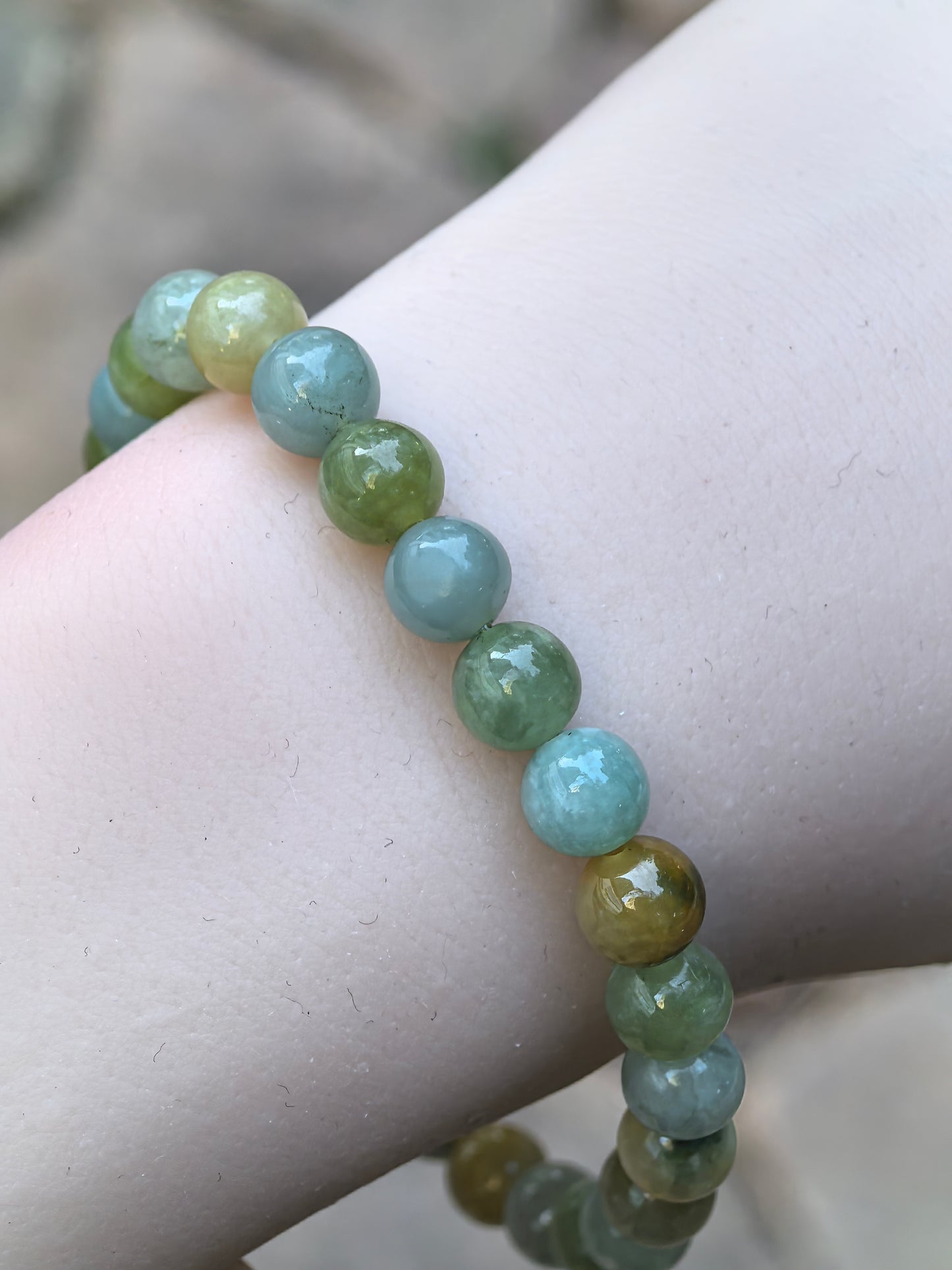 Natural Grade-A Jadeite Bracelet – Multicolor Glutinous Burmese Jade Beads 7.5mm
