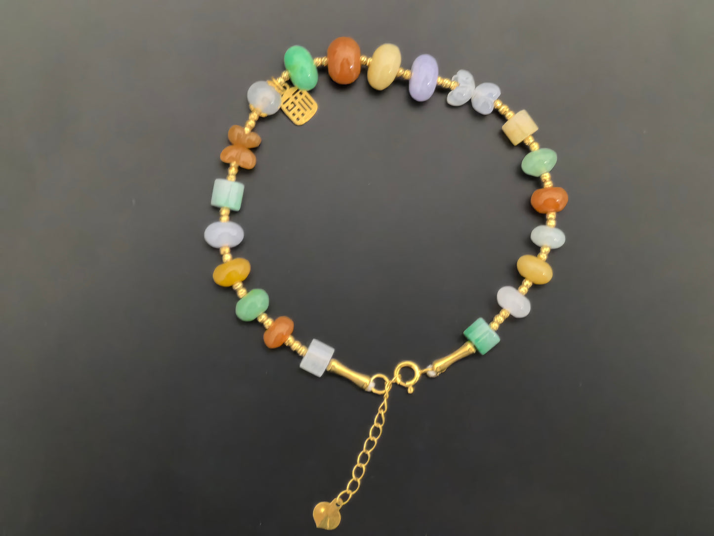 Natural Grade-A Jadeite Bracelet – 18K Gold Multicolor Burmese Jade Beads 6-8mm