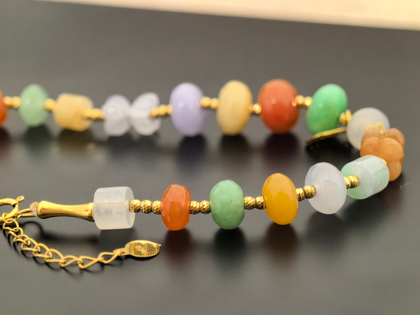 Natural Grade-A Jadeite Bracelet – 18K Gold Multicolor Burmese Jade Beads 6-8mm
