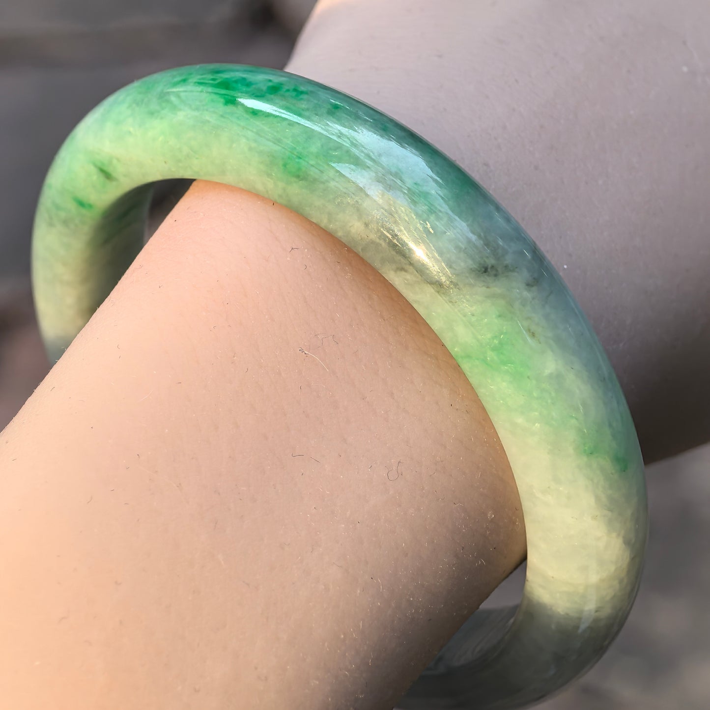 Natural Grade-A Jadeite Bangle – Partial Vivid Green Glutinous Burmese Jade D-Shape 58mm