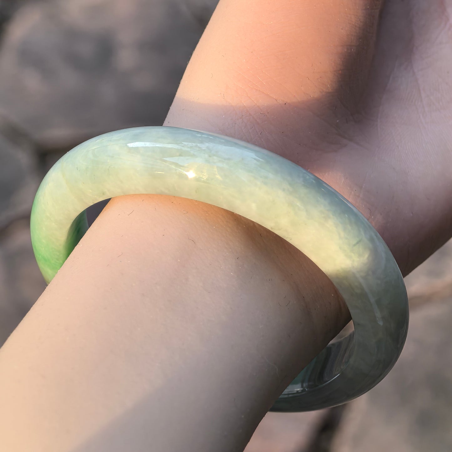 Natural Grade-A Jadeite Bangle – Partial Vivid Green Glutinous Burmese Jade D-Shape 58mm